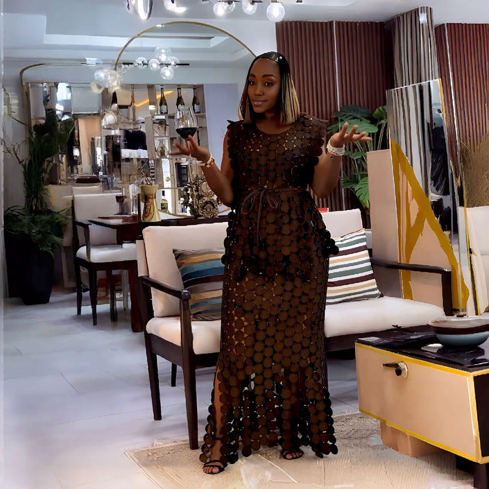Dark brown geometric sequin sleeveless dress with layered fringe overlay