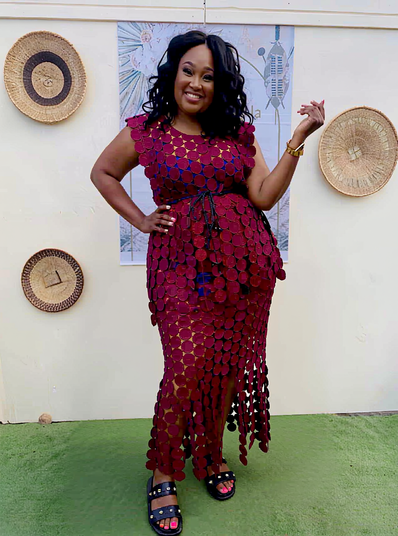 Maroon geometric sequin twin set dress with cinched waist and layered fringe hem