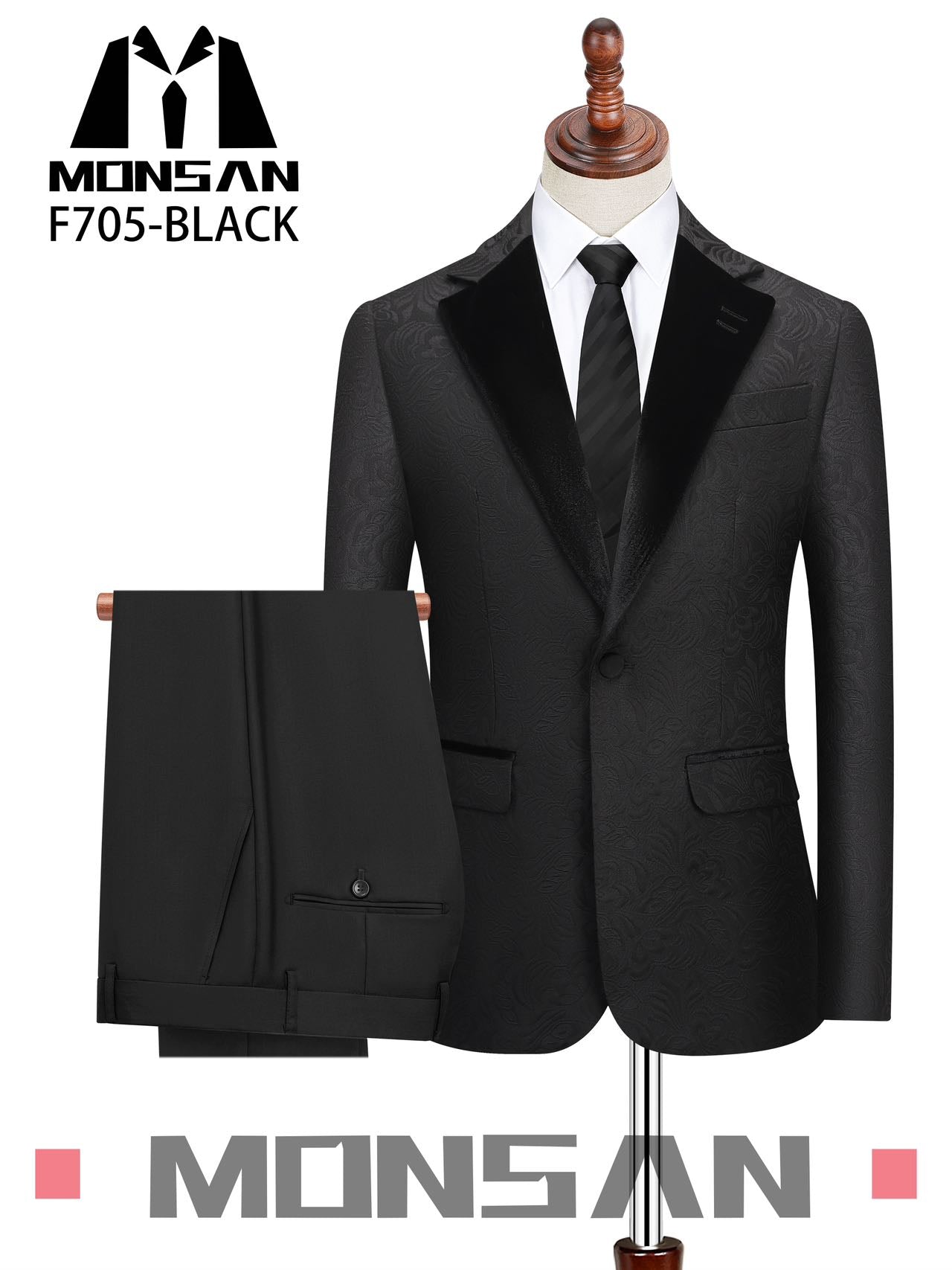 Black patterned tuxedo suit with matching trousers, slim-fit jacket and pants