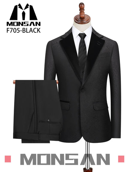 Black patterned tuxedo suit with matching trousers, slim-fit jacket and pants