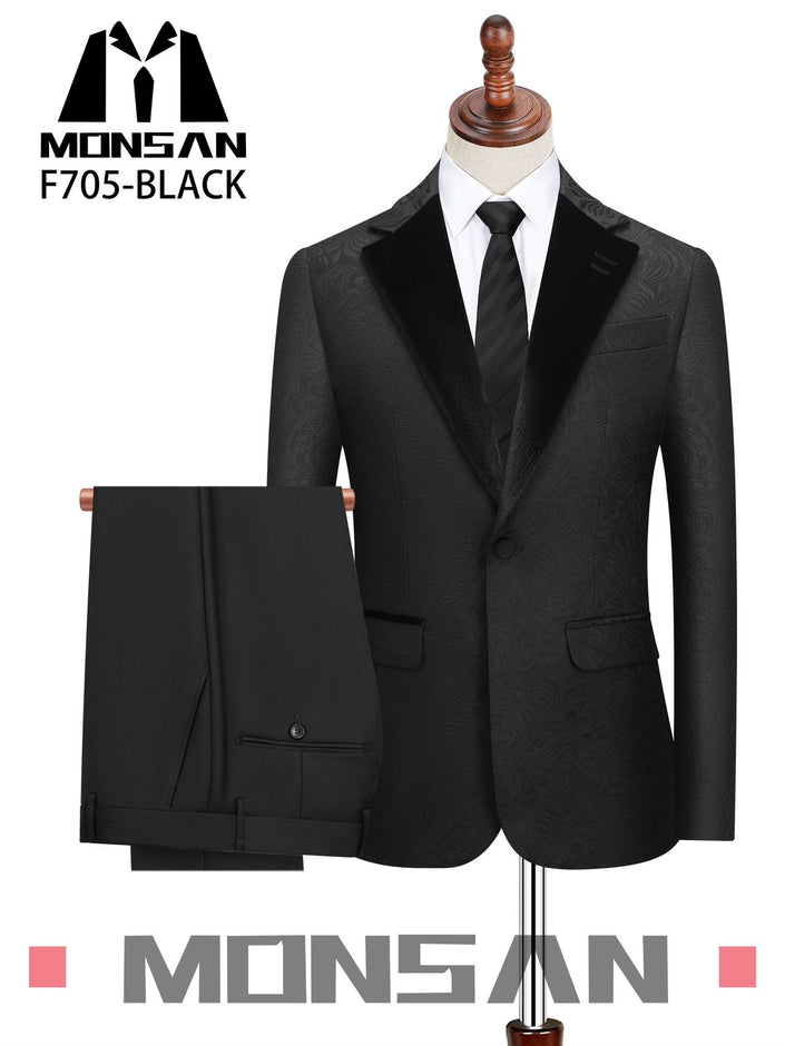 Black patterned tuxedo suit with matching trousers, slim-fit jacket and pants