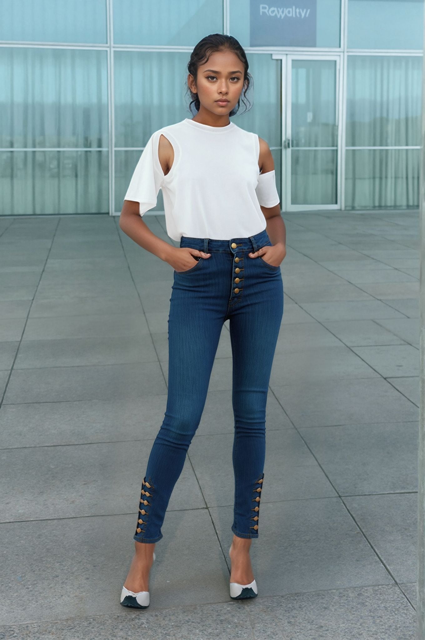 Women's High-Waisted Skinny Jeans with Button Details