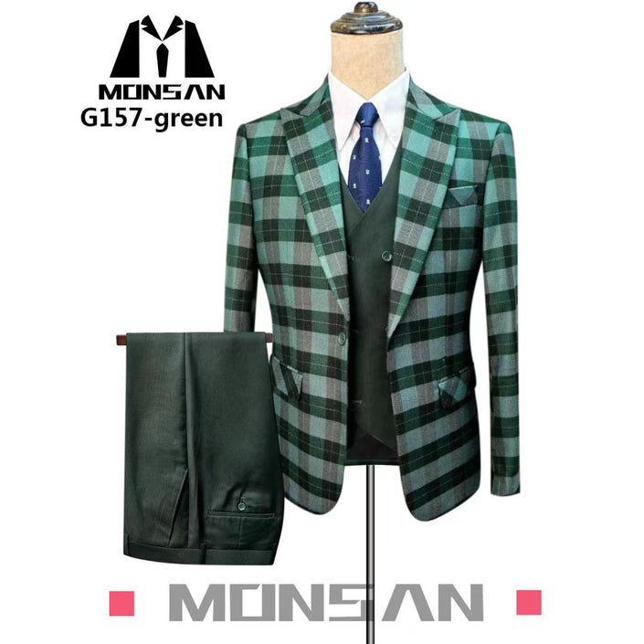 Men’s green plaid 3-piece suit: blazer, waistcoat vest, and trousers