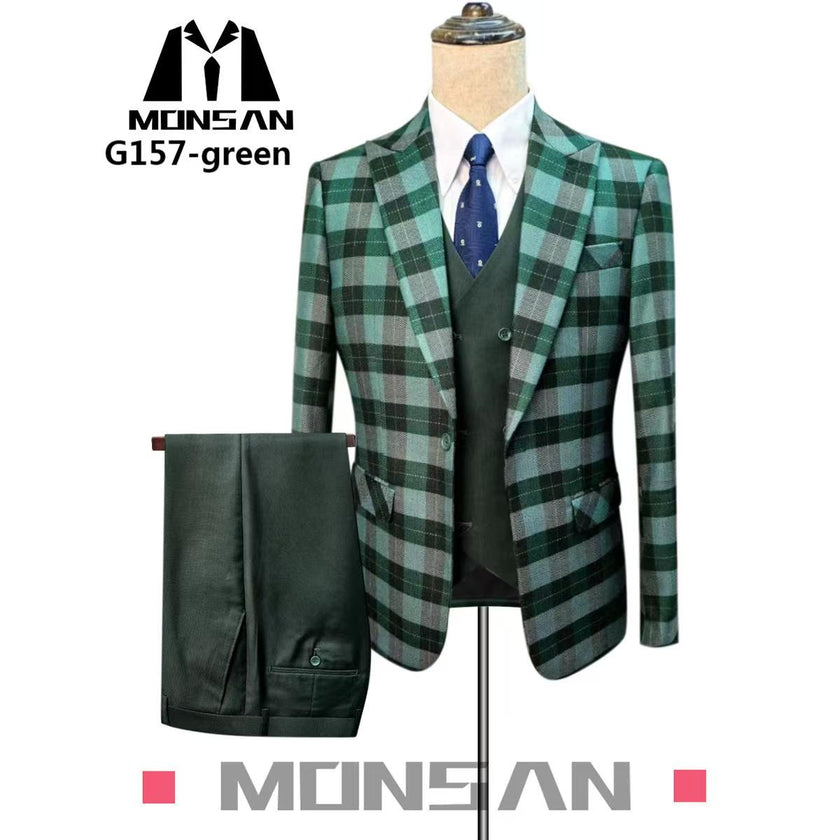 Men’s green plaid 3-piece suit: blazer, waistcoat vest, and trousers