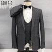 Grey plaid slim-fit 3-piece suit with jacket, vest, and black bow tie