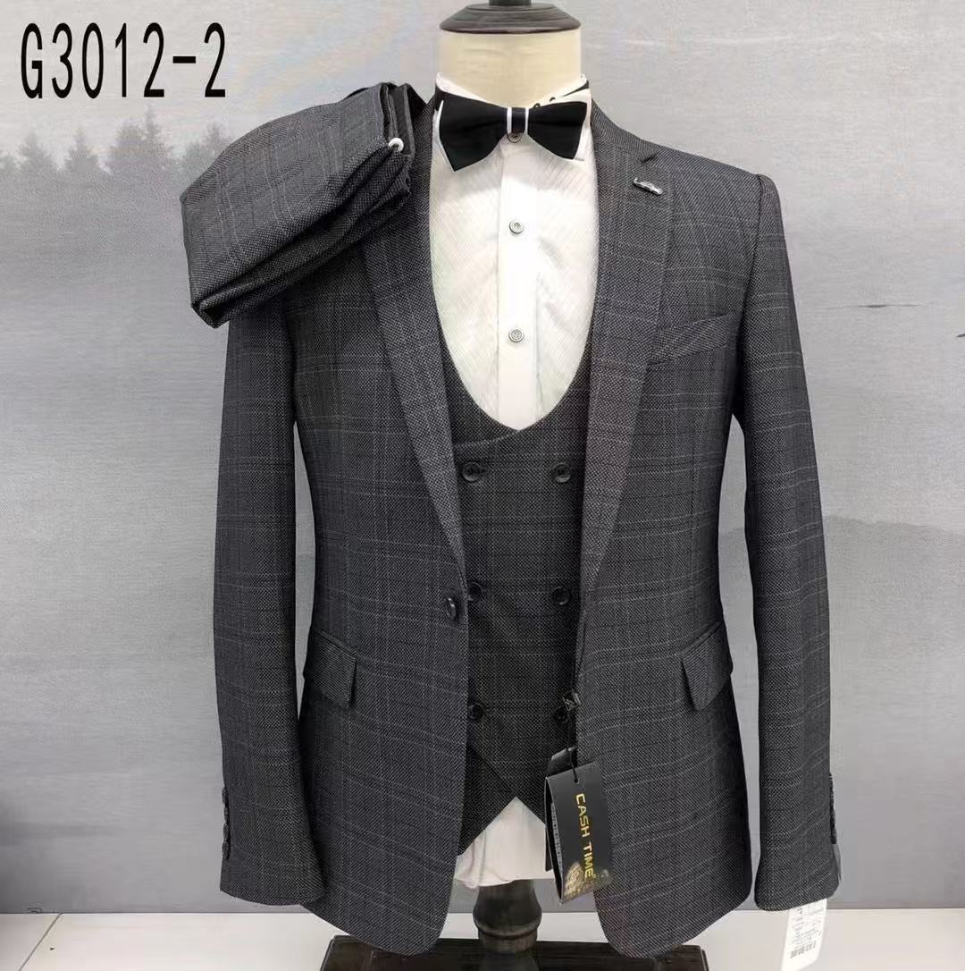 Grey plaid slim-fit 3-piece suit with jacket, vest, and black bow tie