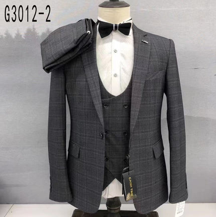 Grey plaid slim-fit 3-piece suit with jacket, vest, and black bow tie