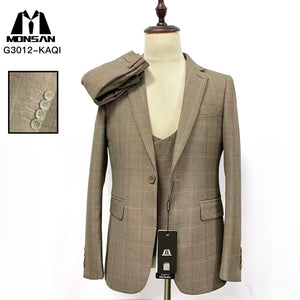 Khaki plaid slim-fit suit blazer with notch lapels and flap pockets