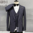 Slim-fit plaid 3-piece suit on mannequin, dark gray/blue blazer with matching vest