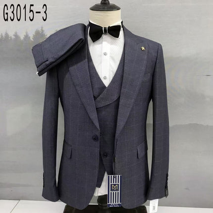 Slim-fit plaid 3-piece suit on mannequin, dark gray/blue blazer with matching vest