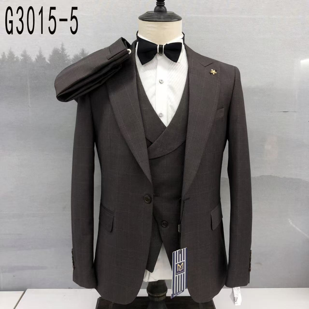 Slim fit plaid suit set with vest and black bow tie on mannequin