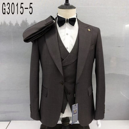 Men's slim-fit suit set with dark gray jacket, waistcoat, and black bow tie