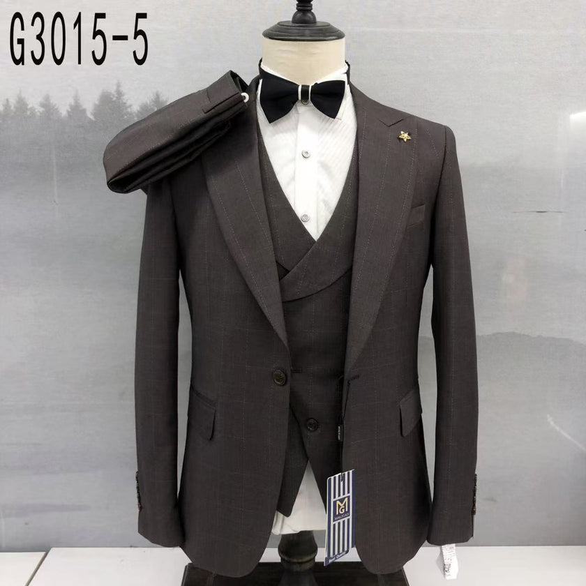 Slim fit plaid suit set with vest and black bow tie on mannequin