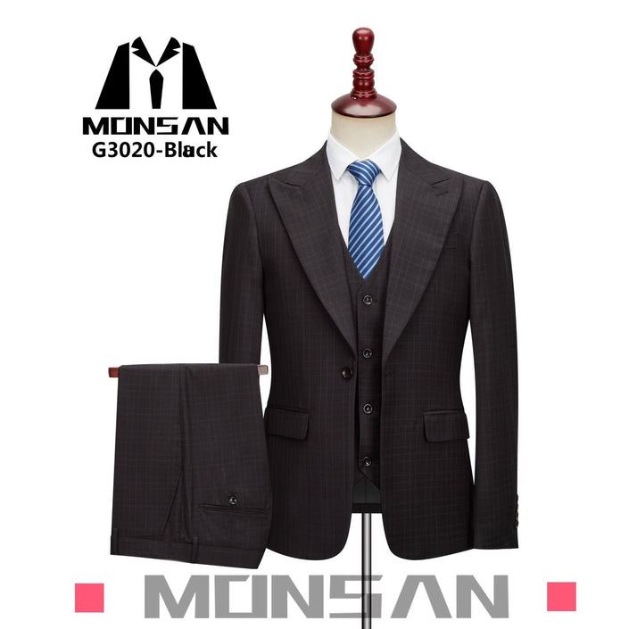 Black plaid 3-piece slim fit suit set with jacket, vest and trousers