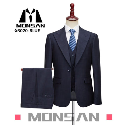 Navy plaid slim-fit 3-piece suit: blazer, vest, and matching trousers
