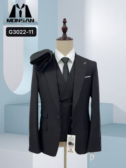 Black textured slim-fit 3-piece suit on mannequin with vest and tie