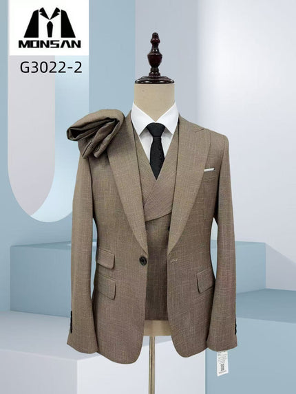 Textured khaki 3-piece suit with blazer and waistcoat, slim formal fit