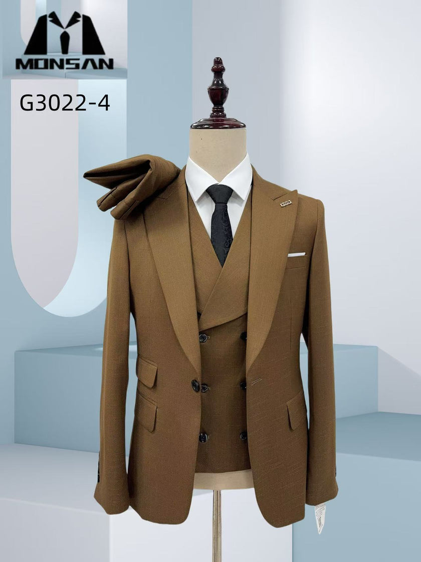 Caramel slim-fit 3-piece suit with matching vest, black tie, pocket square