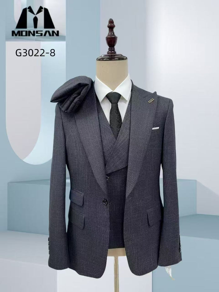 Men's dark grey slim-fit formal suit with tie and waistcoat