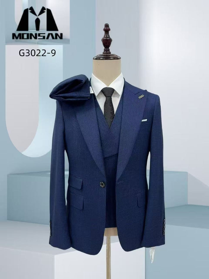 Navy textured 3-piece suit with blazer, waistcoat, and necktie