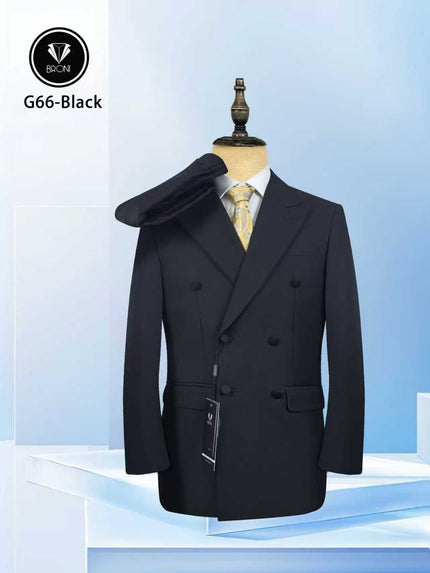 Black double-breasted formal jacket with notched lapels and flap pockets