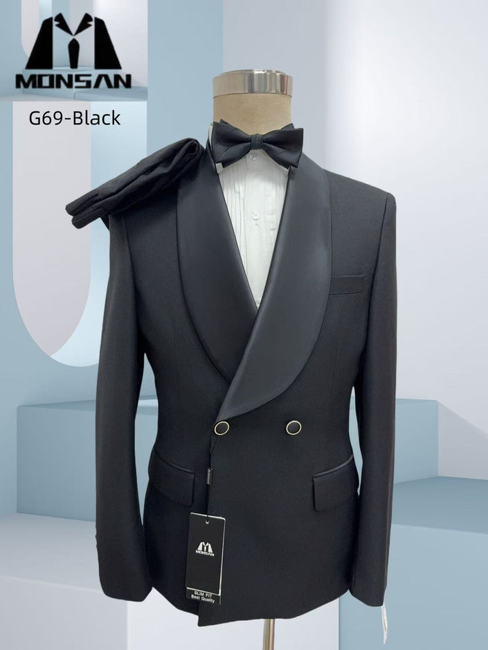 Black double-breasted shawl tuxedo jacket with bow tie and white shirt
