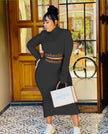 Black slim-fit maxi dress with high neck and long sleeves