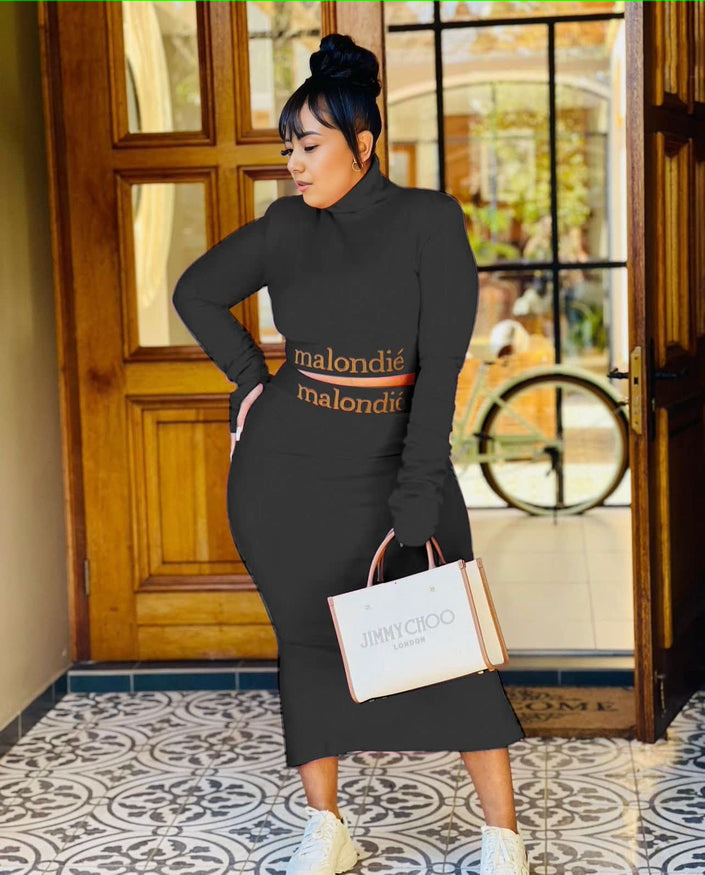 Black slim-fit maxi dress with high neck and long sleeves
