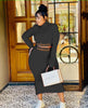 Black slim-fit maxi dress with high neck and long sleeves