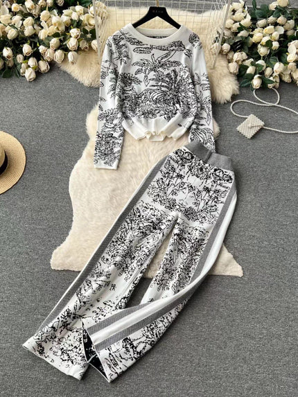 Botanical print twin set: long-sleeve top and wide-leg pants, white with black