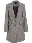 Plaid tailored coat with notched lapels, patch pockets, and button front