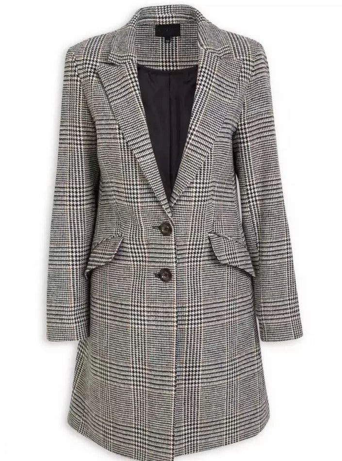 Plaid tailored coat with notched lapels, patch pockets, and button front