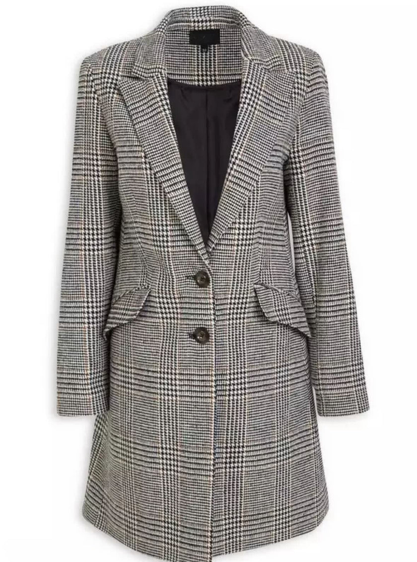 Plaid tailored coat with notched lapels, patch pockets, and button front
