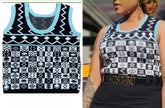 Geometric printed knit tank top with blue trim, sleeveless crew neck