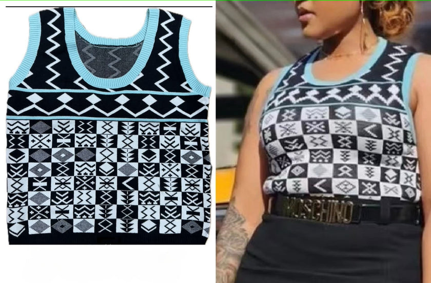 Geometric printed knit tank top with blue trim, sleeveless crew neck