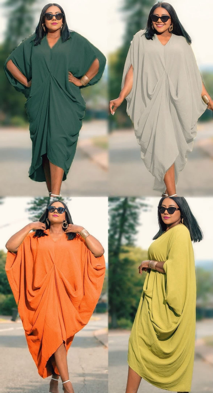 Plus size pleated loose-fit dress with short sleeves and draped gathered neckline