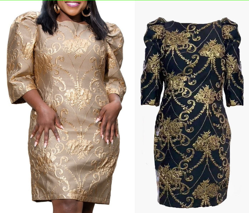 Gold embroidered party dress with puff sleeves and fitted knee-length silhouette