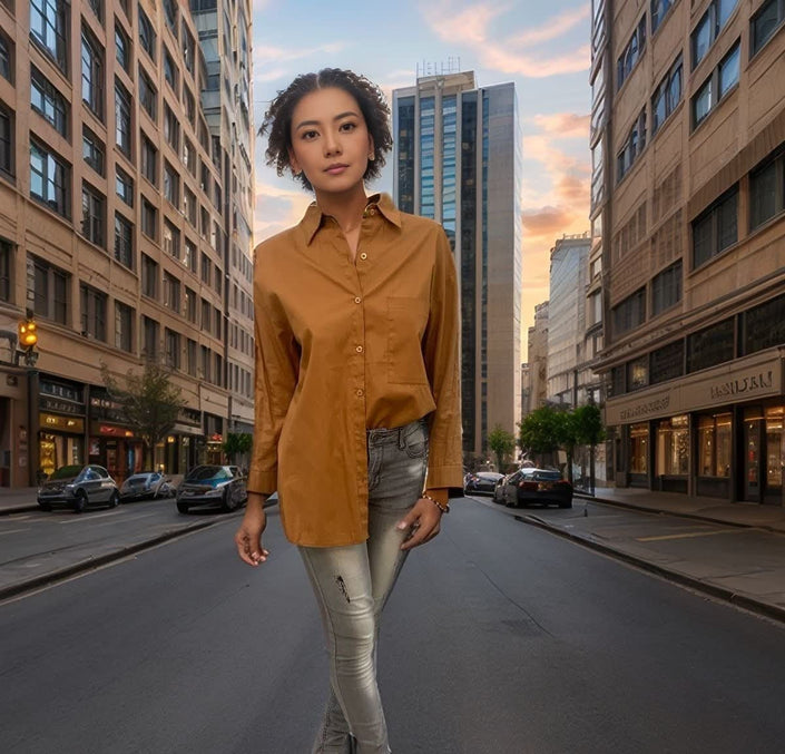 Relaxed fit brown button-up shirt with point collar and long sleeves