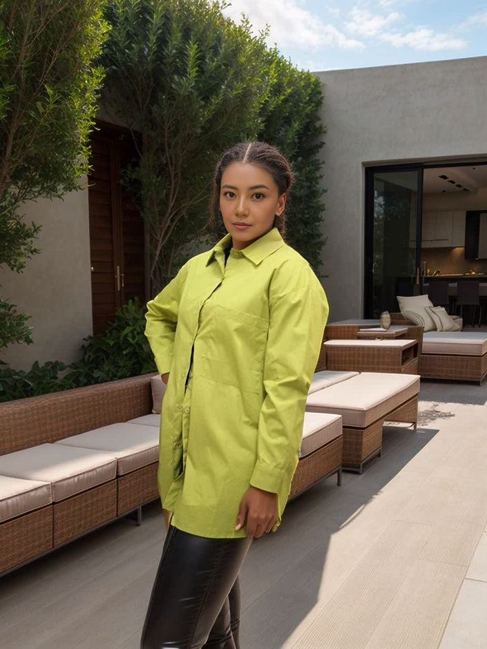Relaxed fit lime-green button-up shirt with point collar and long sleeves
