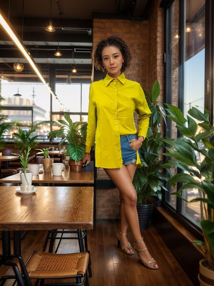 Relaxed fit yellow button-up shirt with point collar and long sleeves
