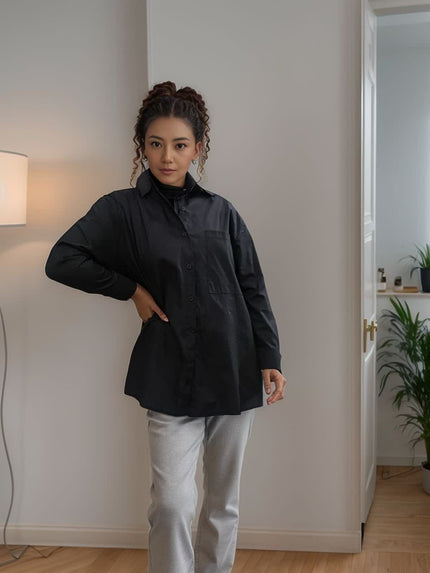 Relaxed fit dark button-up shirt with point collar and long sleeves