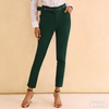 Dark green high-waist pants with straight leg and grommet belt, ankle length