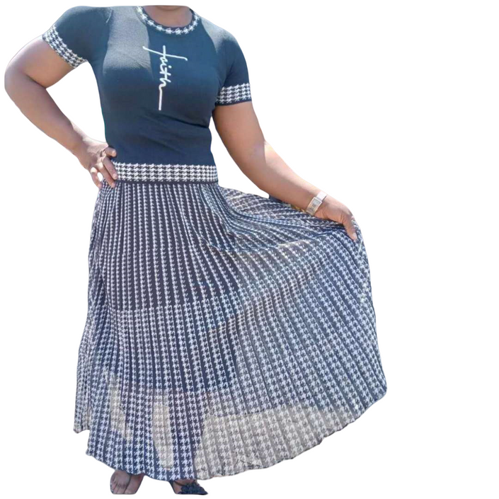 Houndstooth top and pleated skirt set: navy blouse with check trim, flowing pleated midi skirt