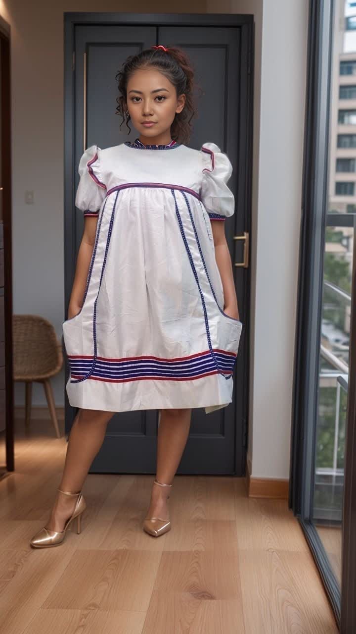 White puff-sleeve dress with blue vertical stripes and red hem trim