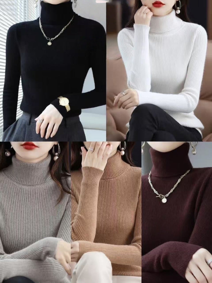 Ribbed turtleneck knitwear with long sleeves and a high close collar