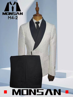 White jacquard tuxedo suit with black shawl lapels and slim-fit jacket and trousers