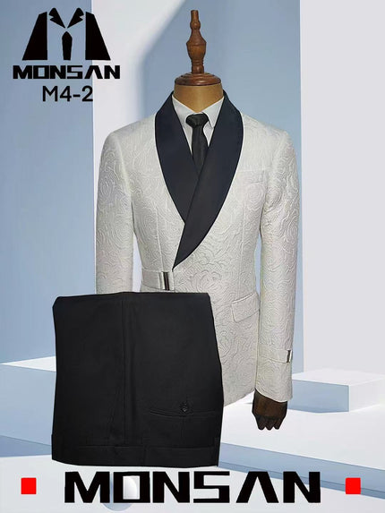 White jacquard tuxedo suit with black shawl lapels and slim-fit jacket and trousers