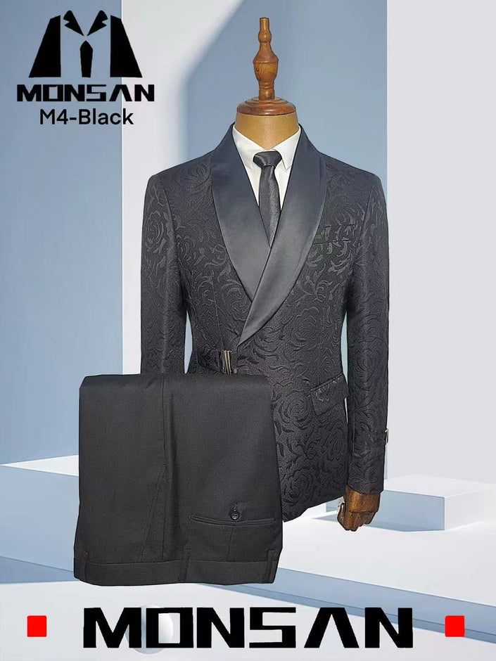 Slim-fit tuxedo suit with jacquard shawl lapels, dark charcoal jacket and matching vest, pants