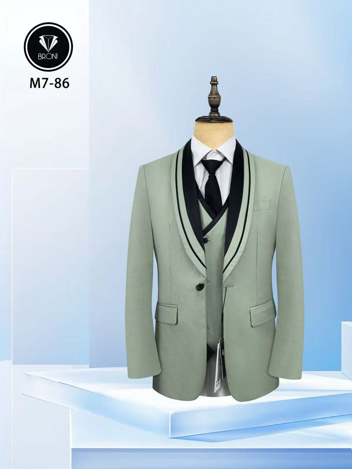 Mint-green 3-piece tuxedo suit with black shawl lapels, waistcoat, and bow tie