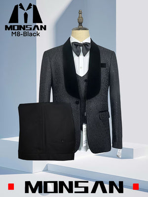 Dark charcoal velvet tuxedo suit set with shawl lapel jacket, vest, and bow tie